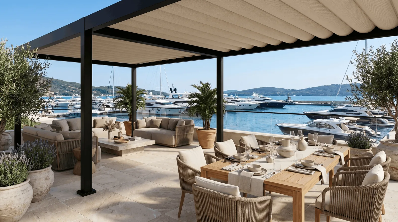 Black Azenco R-WEAVE pergola with a retractable light fabric roof